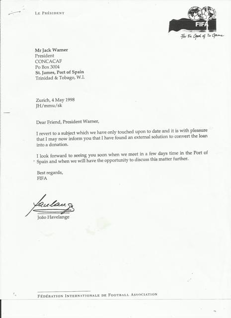 letter from Dr Havelange E