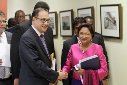 The Honourable Kamla Persad-Bissessar, Prime Minister of Trinidad and Tobago, and Senator the Honourable Larry Howai. Minister of Finance and the Economy. Courtesy:  Office the Parliament. 