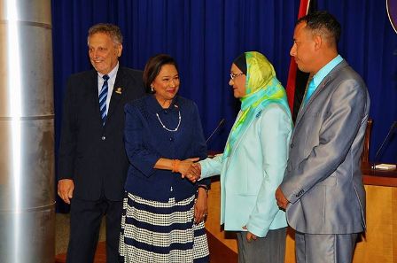 Prime Minister Kamla Persad Bissesar and Minister of Communications Mr. Gerald Hadeed Minister of State in the Ministry of Gender, Youth & Child Development Ms. Raziah Ahmed Minister of National Security Mr. Gary Griffith