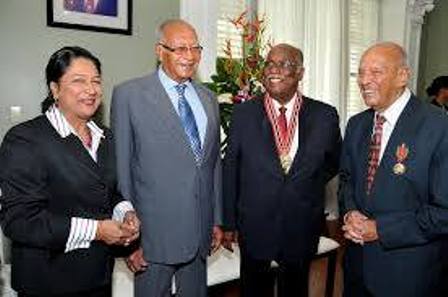 Prime Minister Kamla Persad-Bissessar, His Excellency President George Maxwell Richards, Karl Hudson-Phillips, QC, recipient of the Order of the Republic of Trinidad and Tobago in the sphere of law and Errol Mahabir, recipient of the Chaconia Medal, Gold in the sphere of national service (November 4th 2010)
