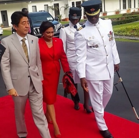 Japan’s Prime Minister, Shinzo Abe, with T&T's Prime Minister Kamla Persad Bissessar at the Diplomatic Centre in Port of Spain  Photo Courtesy: cnewslive 