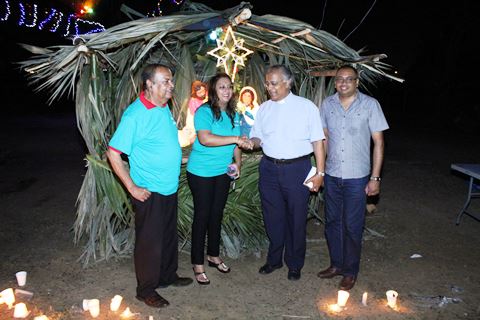 Couva North MP, Ramona Ramdial (2nd from left) shakes the hand of Reverend Daniel Teelucksingh after he blessed the Creche. Also in the picture are former Mayor of Chaguanas, Orlando Nagessar (left) and Councillor Dubraj Persad (right)