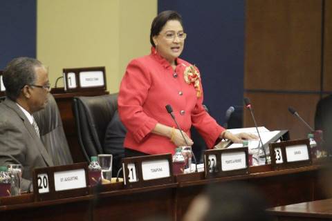 Former Prime Minister Kamla Persad Bissessar contributing to the Procurement Bill debate. Photo Courtesy: Parliament of Trinidad and Tobago 