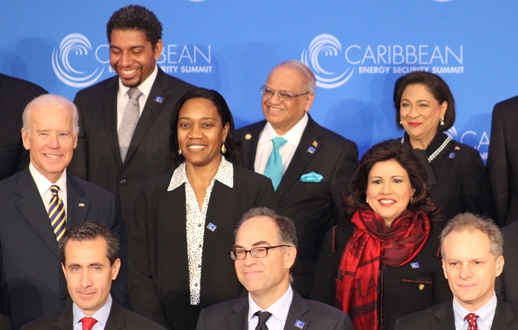 Trinidad and Tobago's Prime Minister, Kamla Persad-Bissessar SC, stands with other Caribbean leaders, alongside Vice President of the United States, Joe Biden, during the Caribbean Energy Security Summit, at the State Department in Washington DC